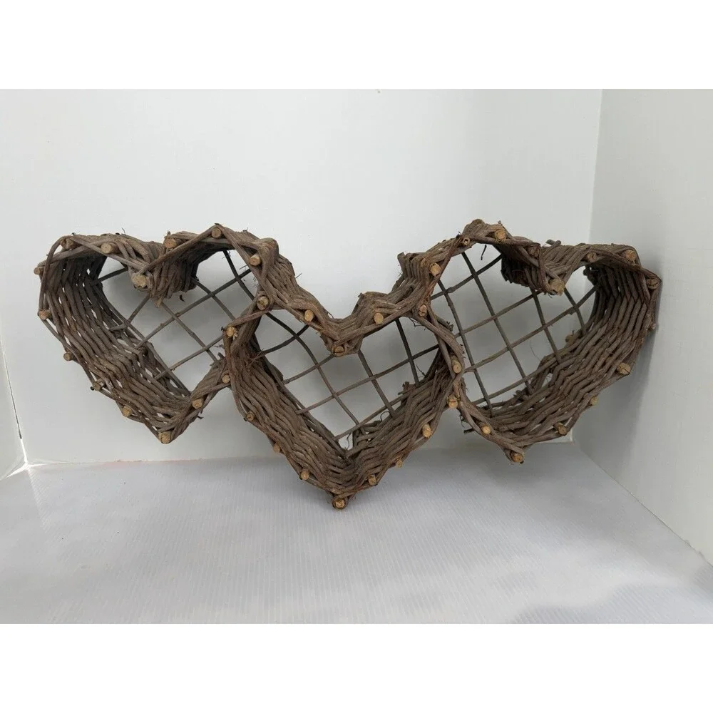 Vintage Grapevine Triple Heart Wall Hanging Basket Wicker Wood Farmhouse Decor